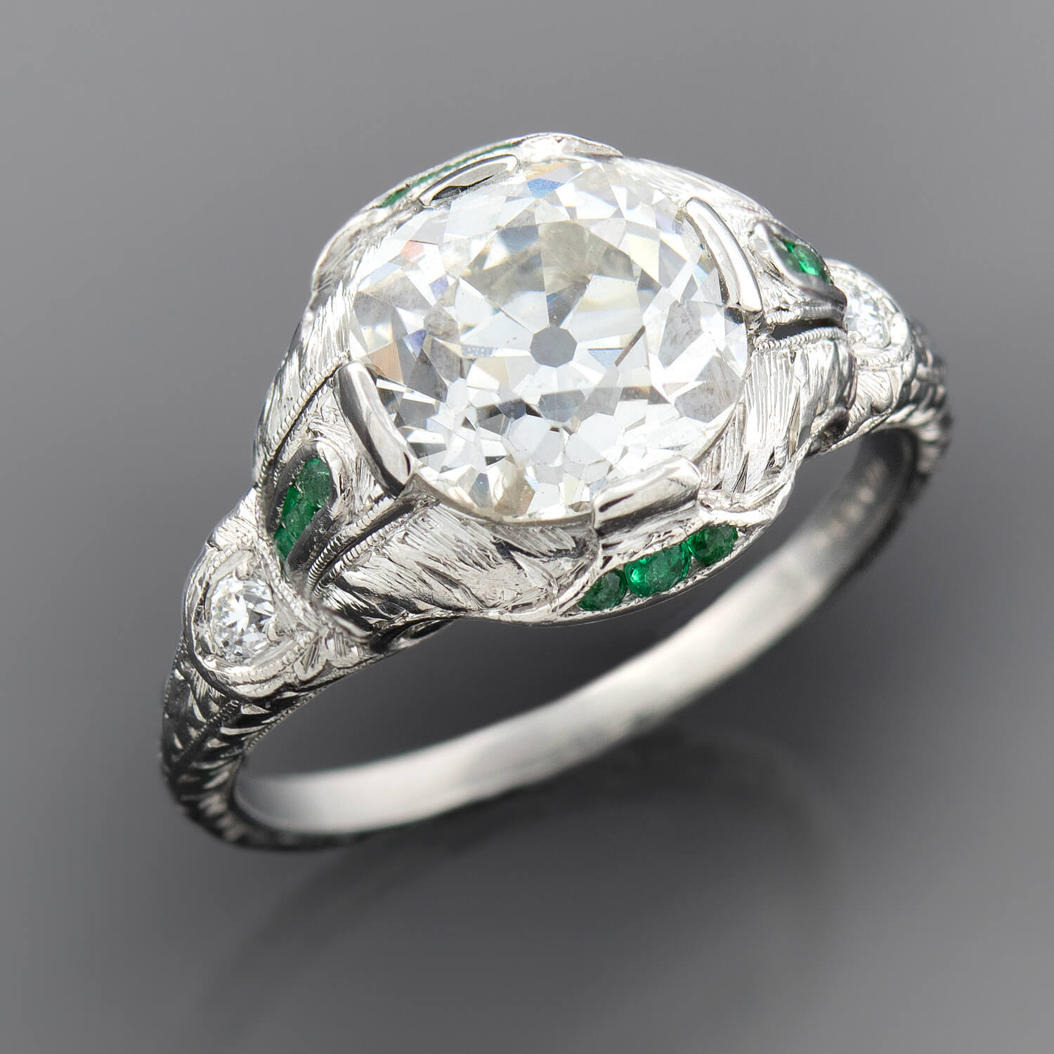 Circa 1890s Art Deco 2.53 Ctw Green Emerald Diamond Wedding Ring Set In 935 Argentium Silver Ring Set, Emerald Ring Set, Art Deco sold Bridal Set