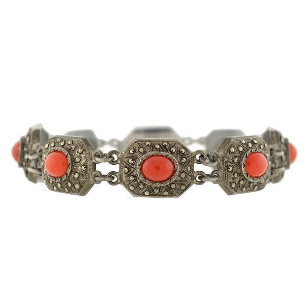 Art Deco German Silver Oxblood Coral & Marcasite Bracelet – A