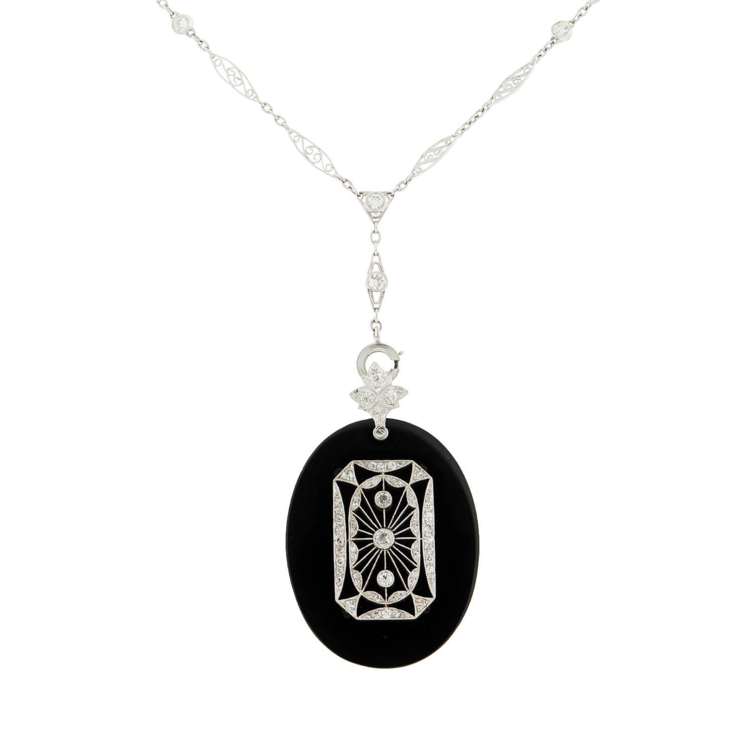 Art Deco Onyx + Rock Quartz Crystal Necklace 33 by A. Brandt + Son