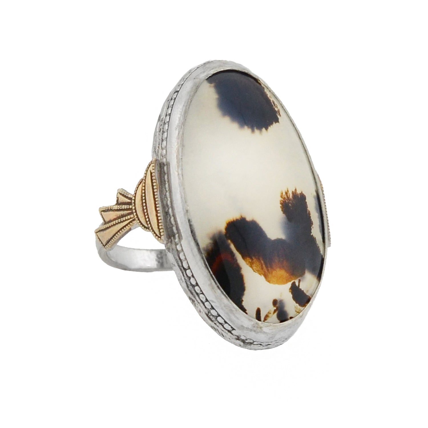 Art Deco Large Sterling/10kt Moss Agate Ring