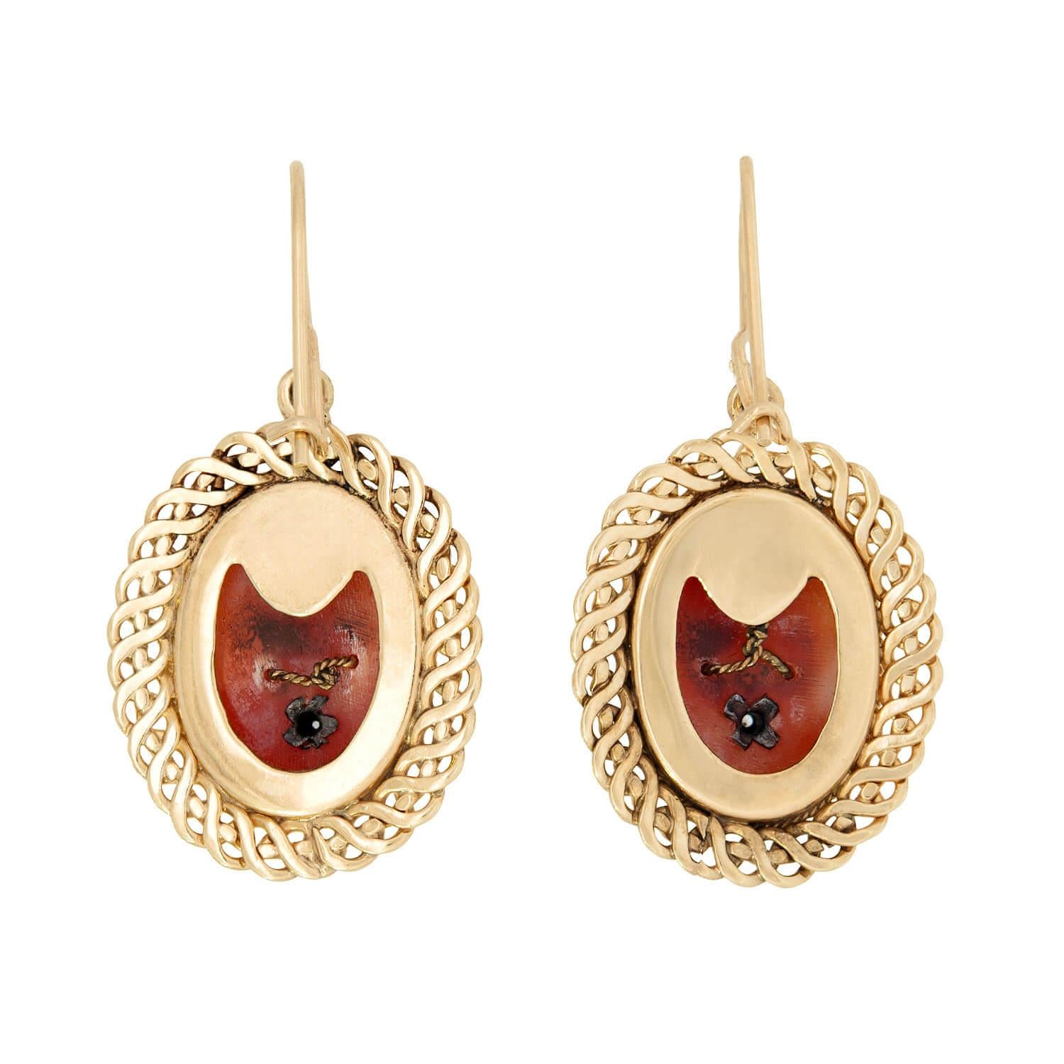 Retro 14k Diamond Cameo Dangle Earrings