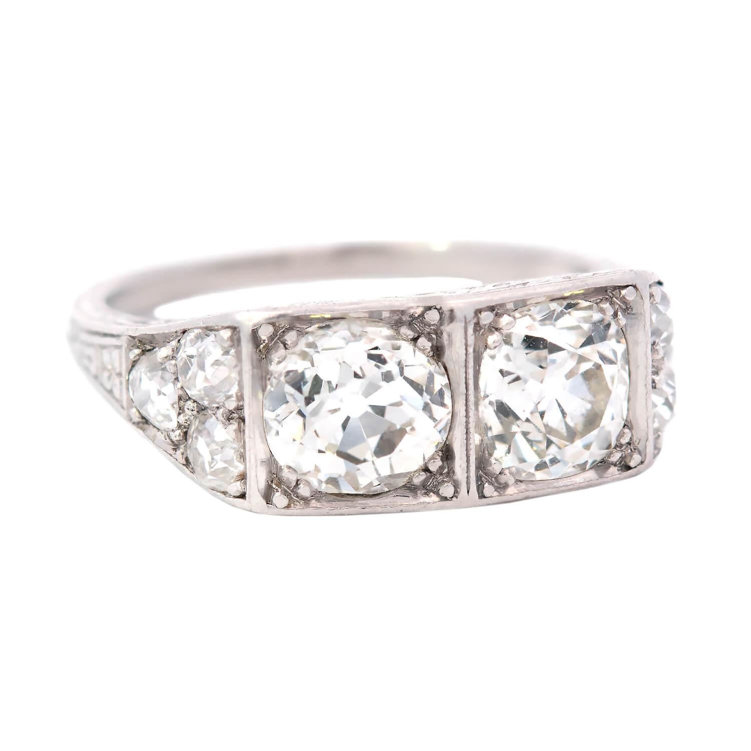 Art Deco Platinum Two Stone Diamond Engagement Ring 2.87ctw