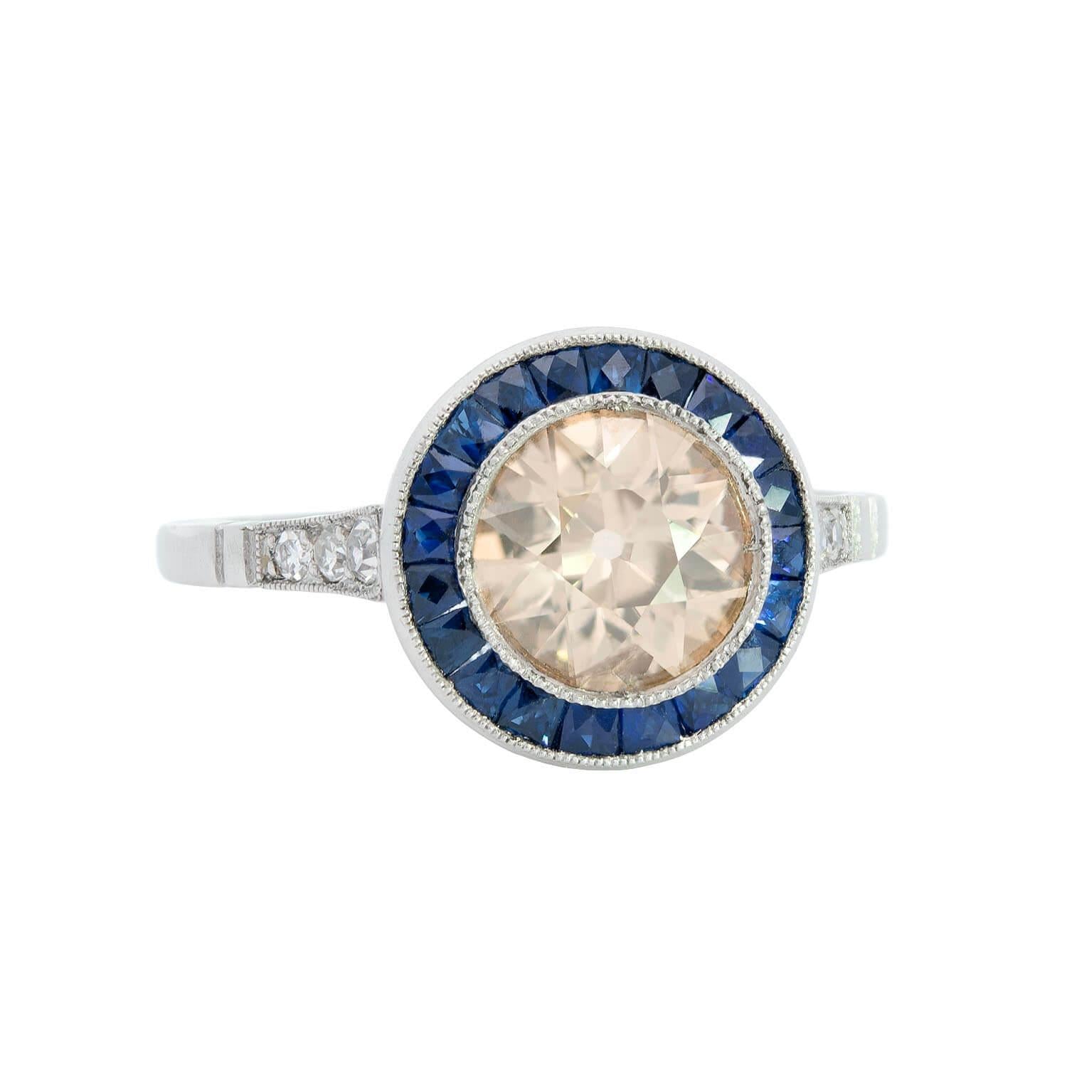 Estate Platinum  Champagne Diamond and Sapphire Halo Ring 1.12ctw