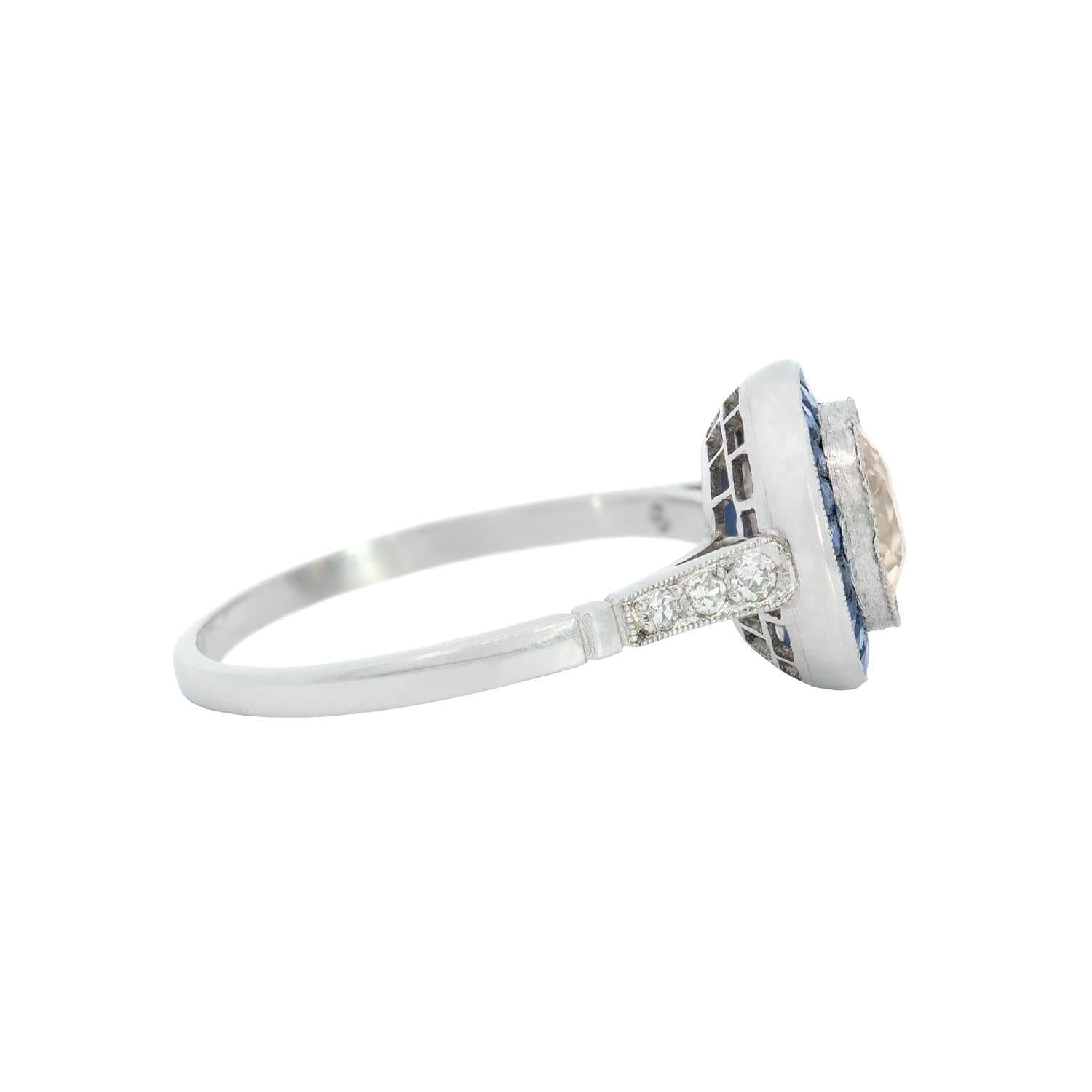 Estate Platinum  Champagne Diamond and Sapphire Halo Ring 1.12ctw