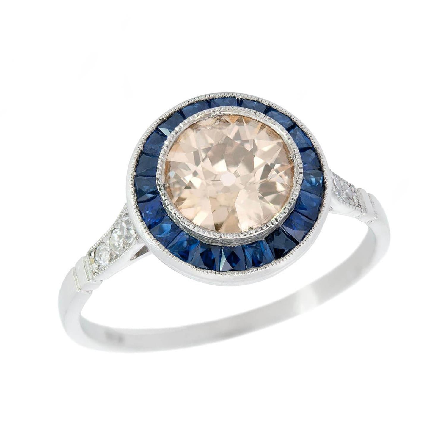 Estate Platinum  Champagne Diamond and Sapphire Halo Ring 1.12ctw