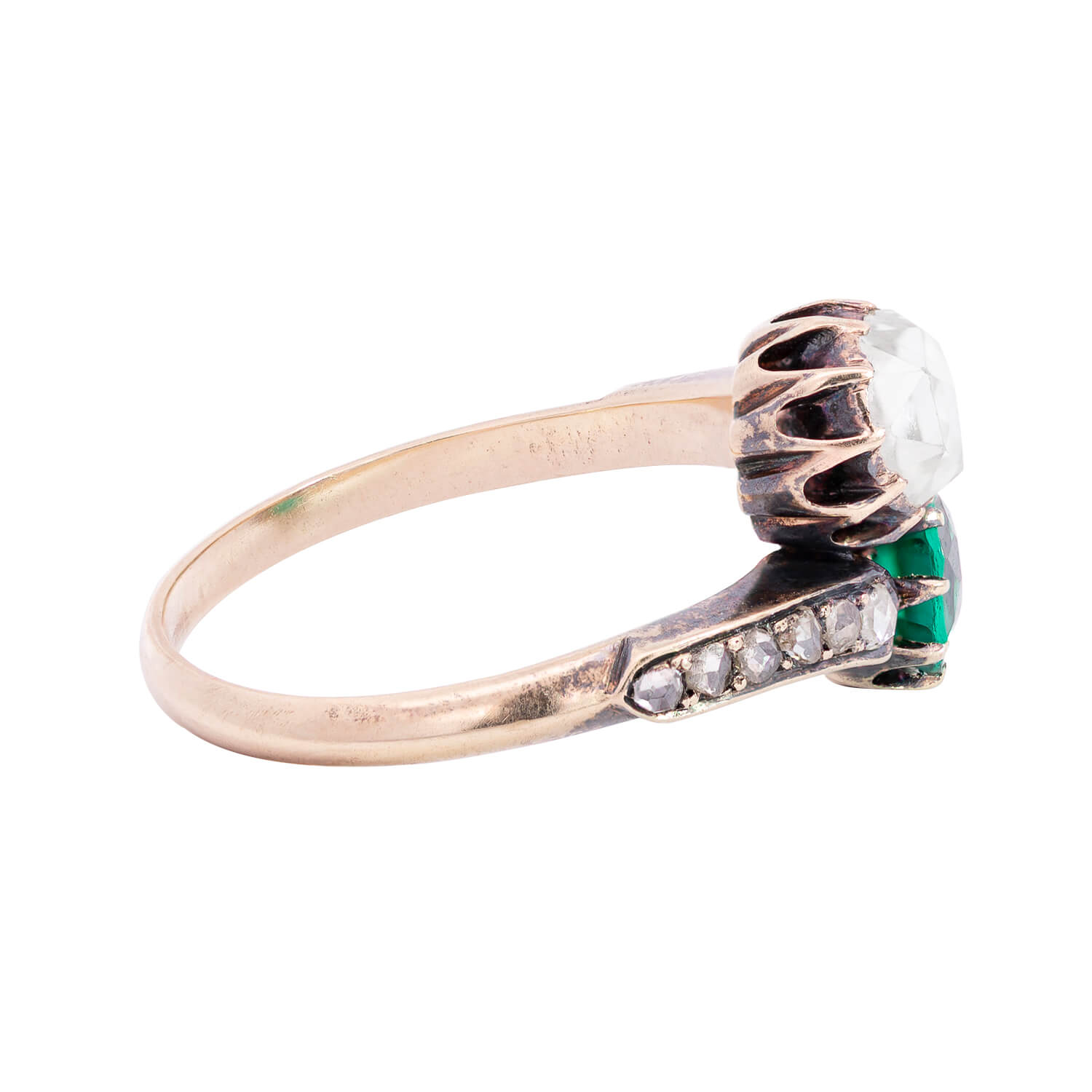 Victorian 18kt/Sterling Diamond + Emerald Moi et Toi Bypass Ring