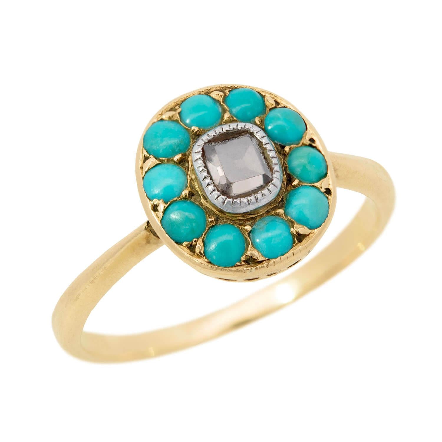 Early Victorian 18k Turquoise and Diamond Cluster Ring