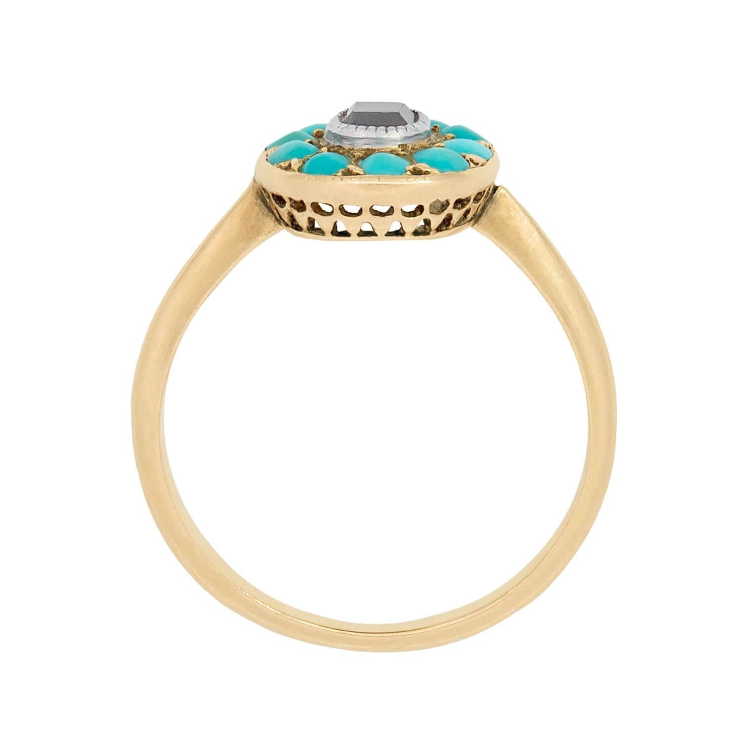 Early Victorian 18k Turquoise and Diamond Cluster Ring