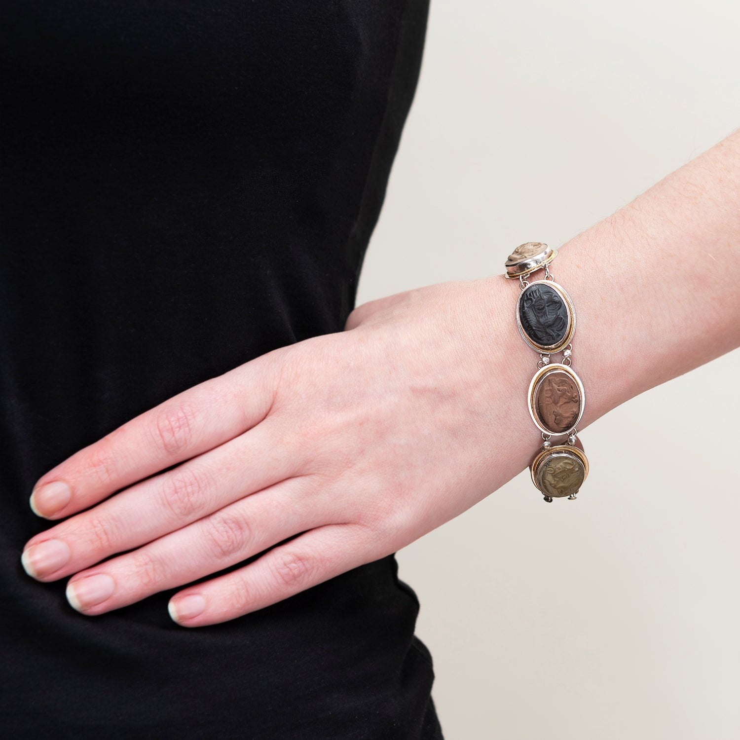 Victorian Silver and Carved Lava Cameo Bracelet