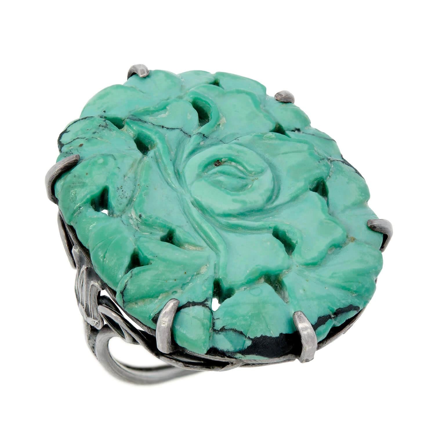 Edwardian Sterling Silver Chinese Carved Turquoise Ring