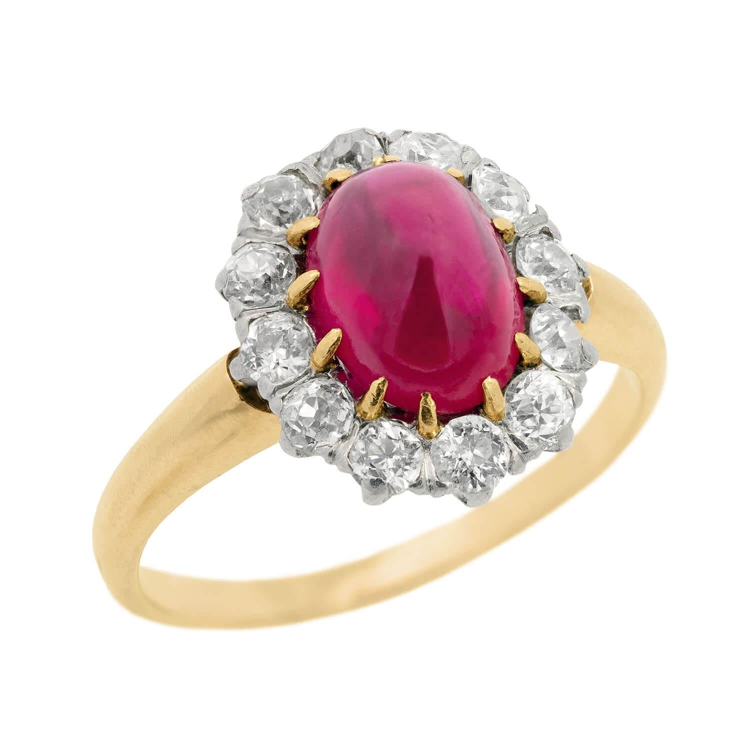 Victorian 14k/Sterling Silver Ruby Cabochon and Diamond Cluster Engagement Ring