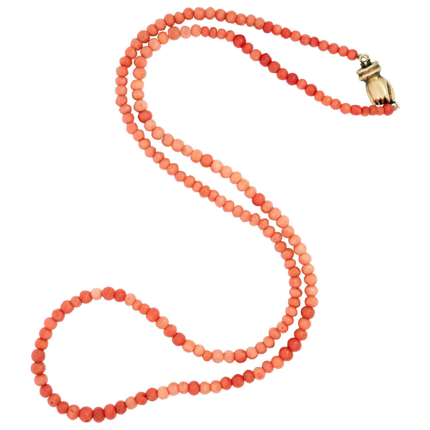 Victorian 14k Coral Hand Clasp Bead Necklace