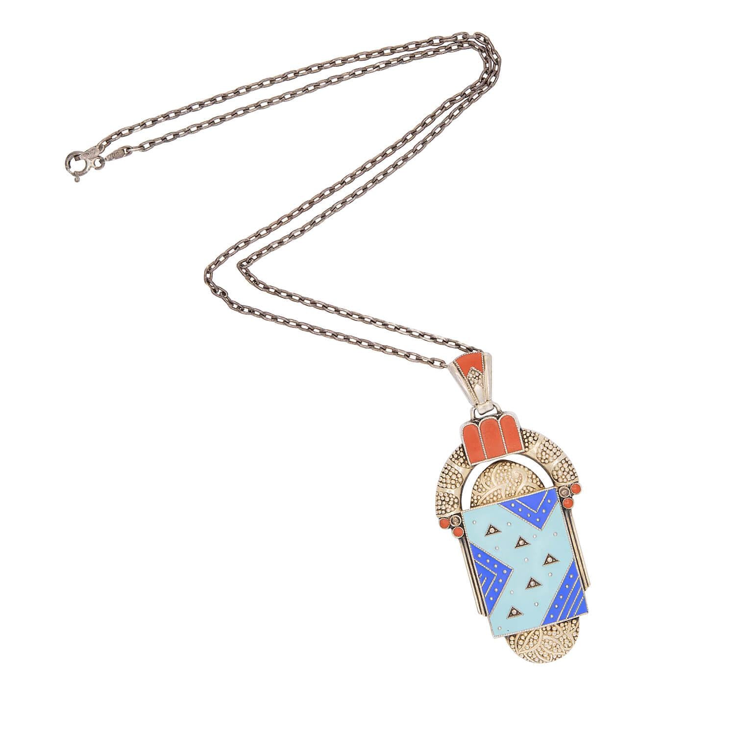 THEODOR FAHRNER-inspired Art Deco Sterling Silver and Enamel Pendant Necklace