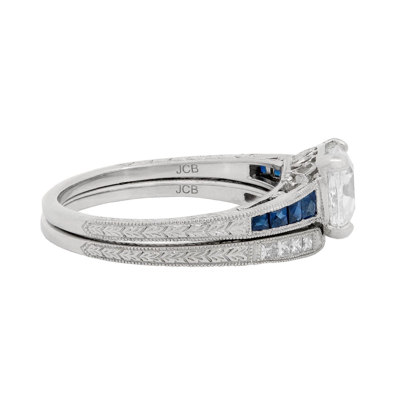 Art Deco Platinum Diamond and Sapphire Engagement + Contoured Band Ring Set 1.53ct