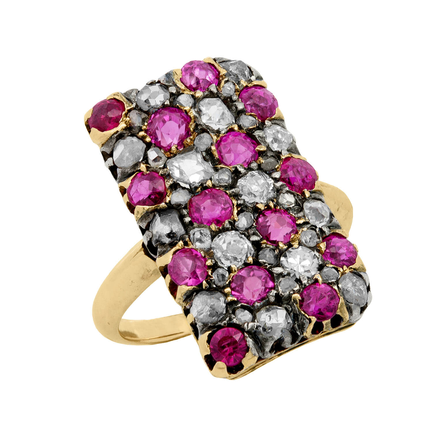 Victorian 18kt/Sterling Silver Ruby and Diamond Checkerboard Ring