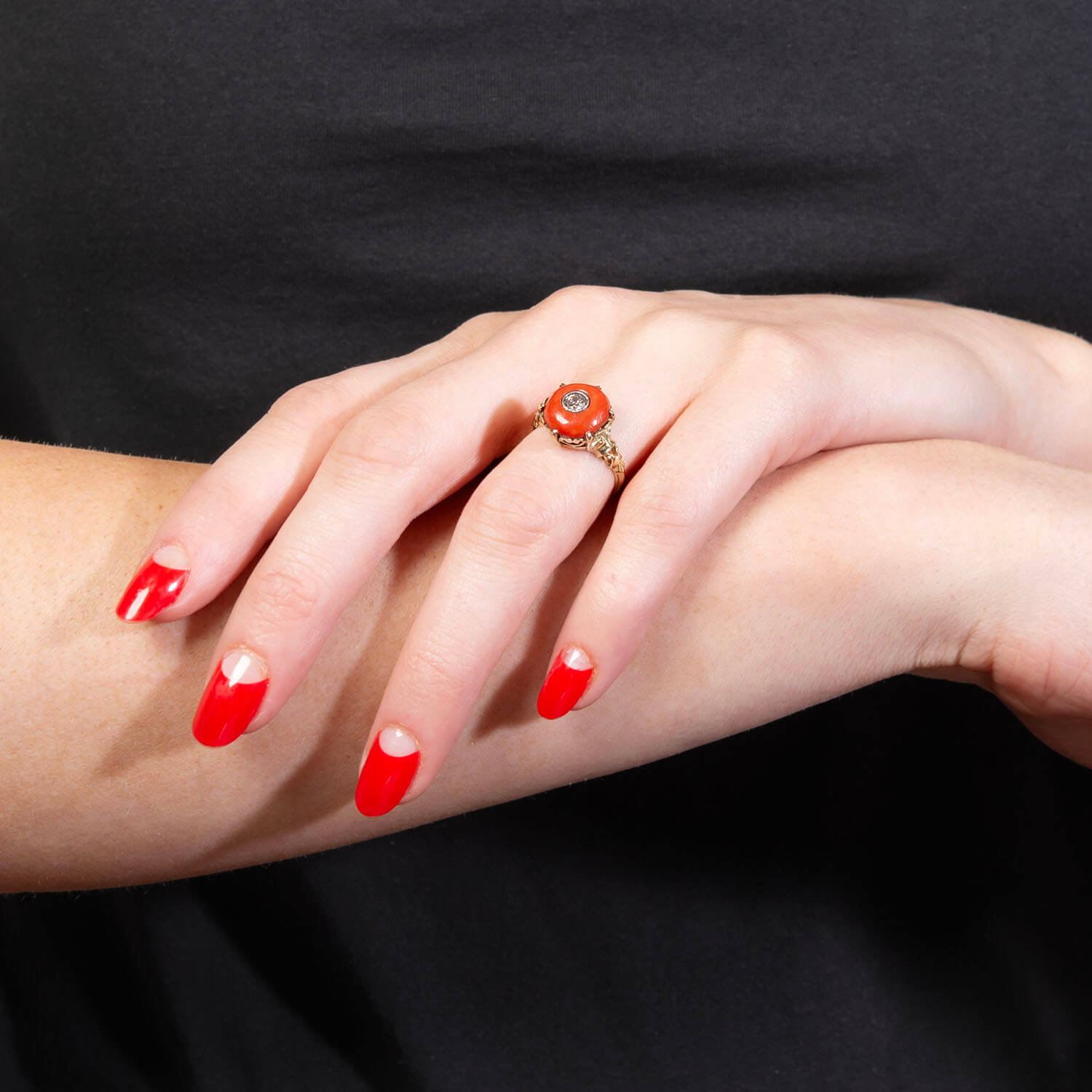 Edwardian 14K/Platinum Diamond and Coral Bead Ring