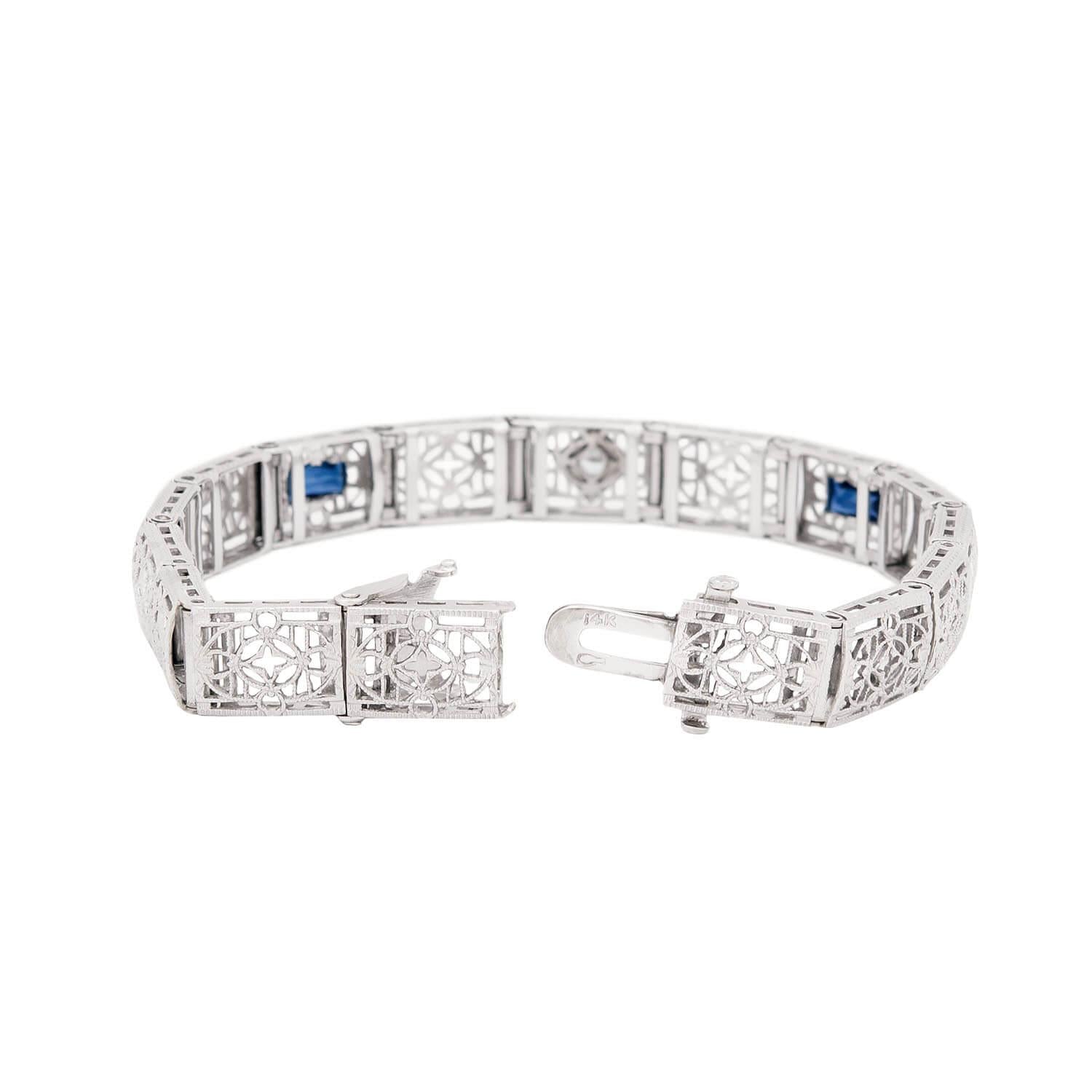 Art Deco Platinum Diamond and Sapphire Filigree Line Bracelet