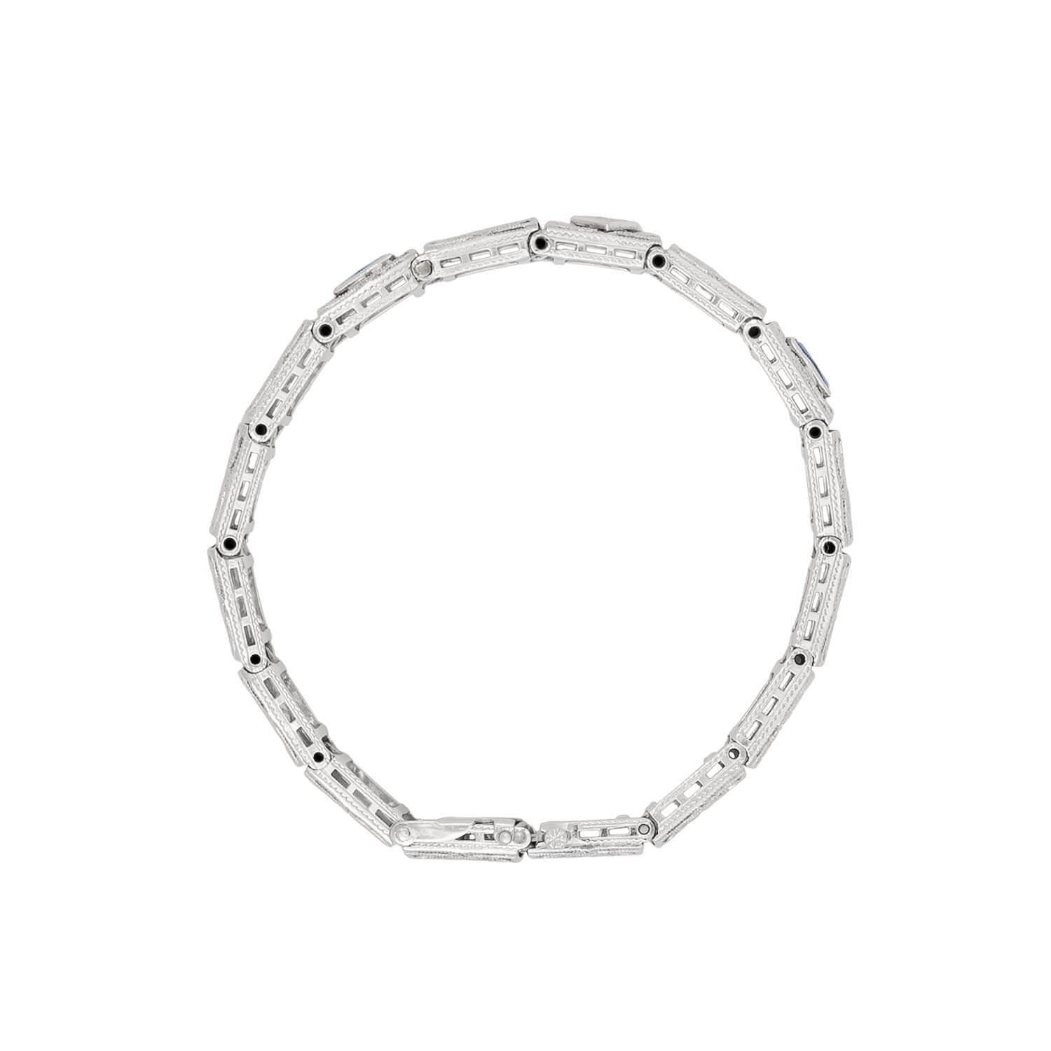 Art Deco Platinum Diamond and Sapphire Filigree Line Bracelet
