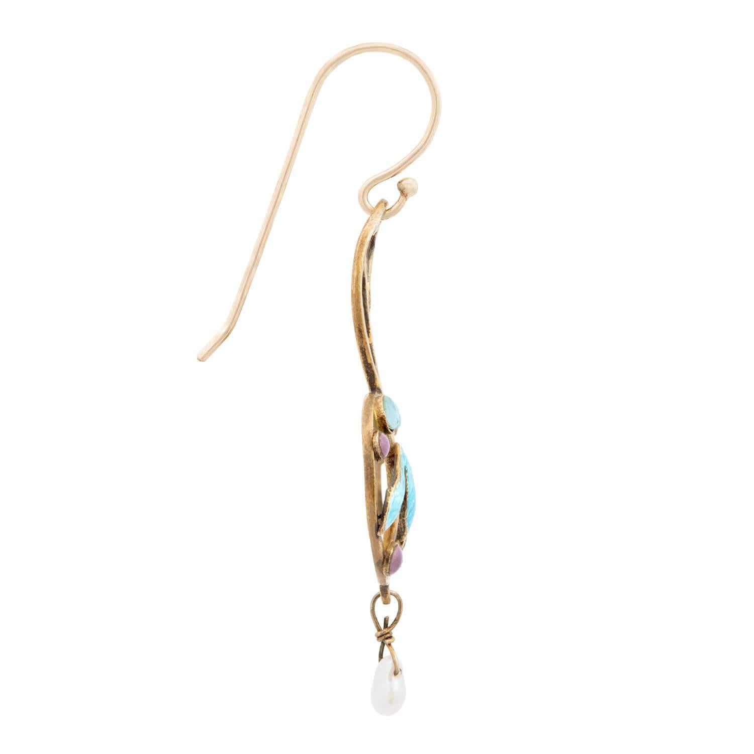 Art Nouveau Silver Gilt Opal and Pearl Enameled Dangle Earrings