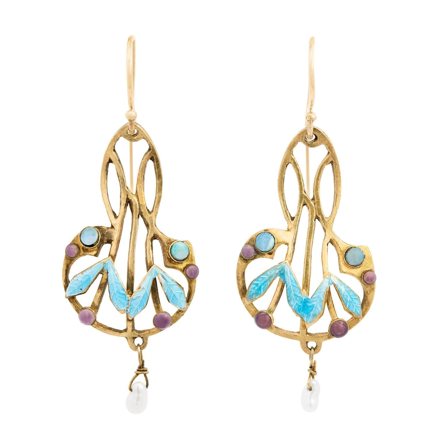 Art Nouveau Silver Gilt Opal and Pearl Enameled Dangle Earrings