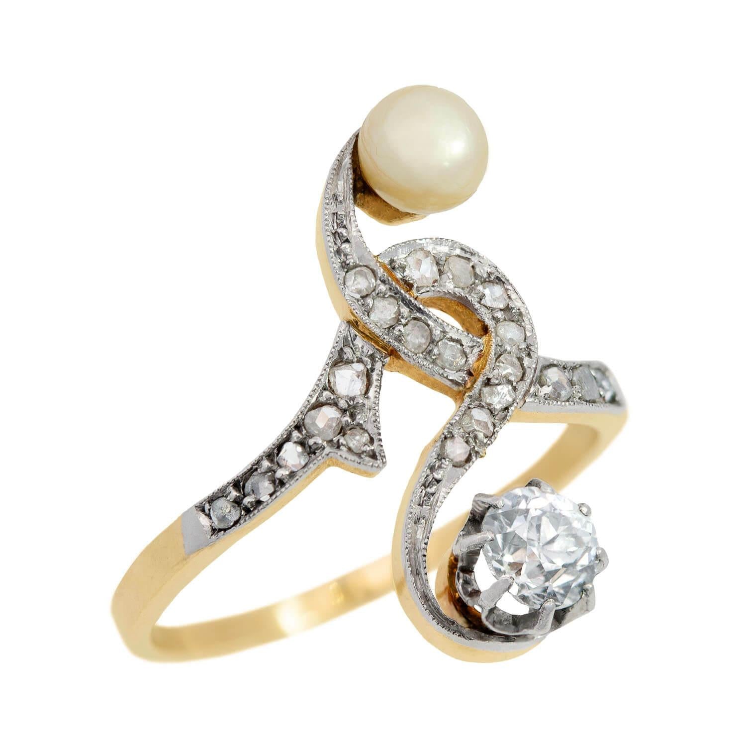 Art Nouveau 14k/Platinum Pearl and Diamond Moi Et Toi Ring