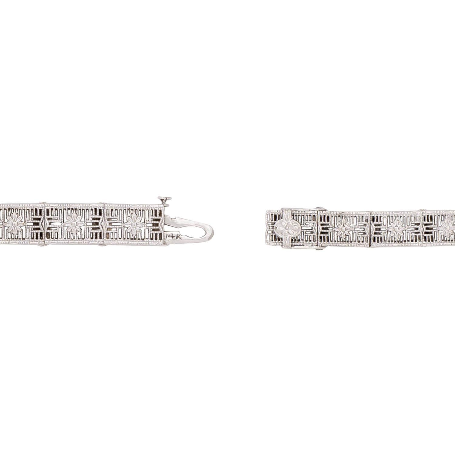 Art Deco 14k White Gold Diamond and Sapphire Filigree Belly Line Bracelet