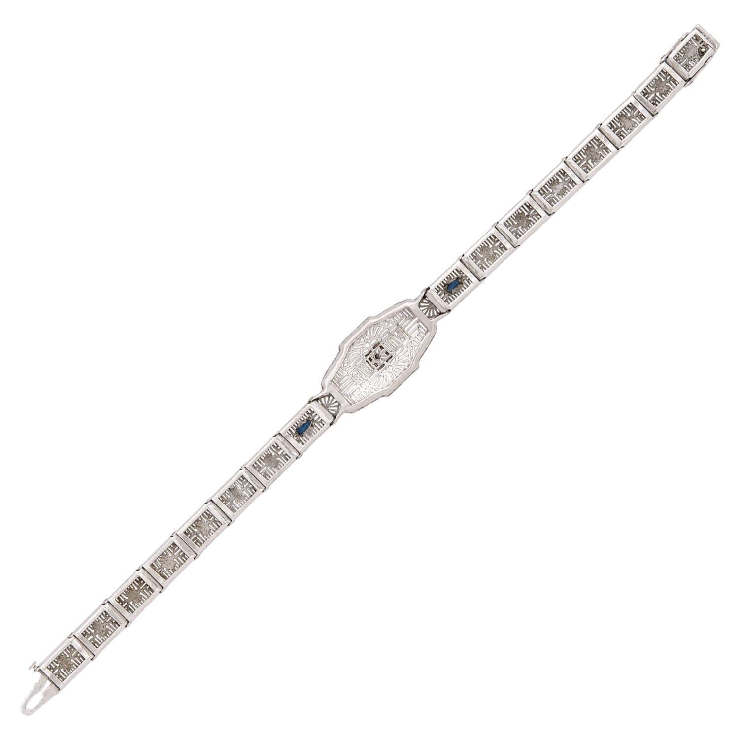 Art Deco 14k White Gold Diamond and Sapphire Filigree Belly Line Bracelet