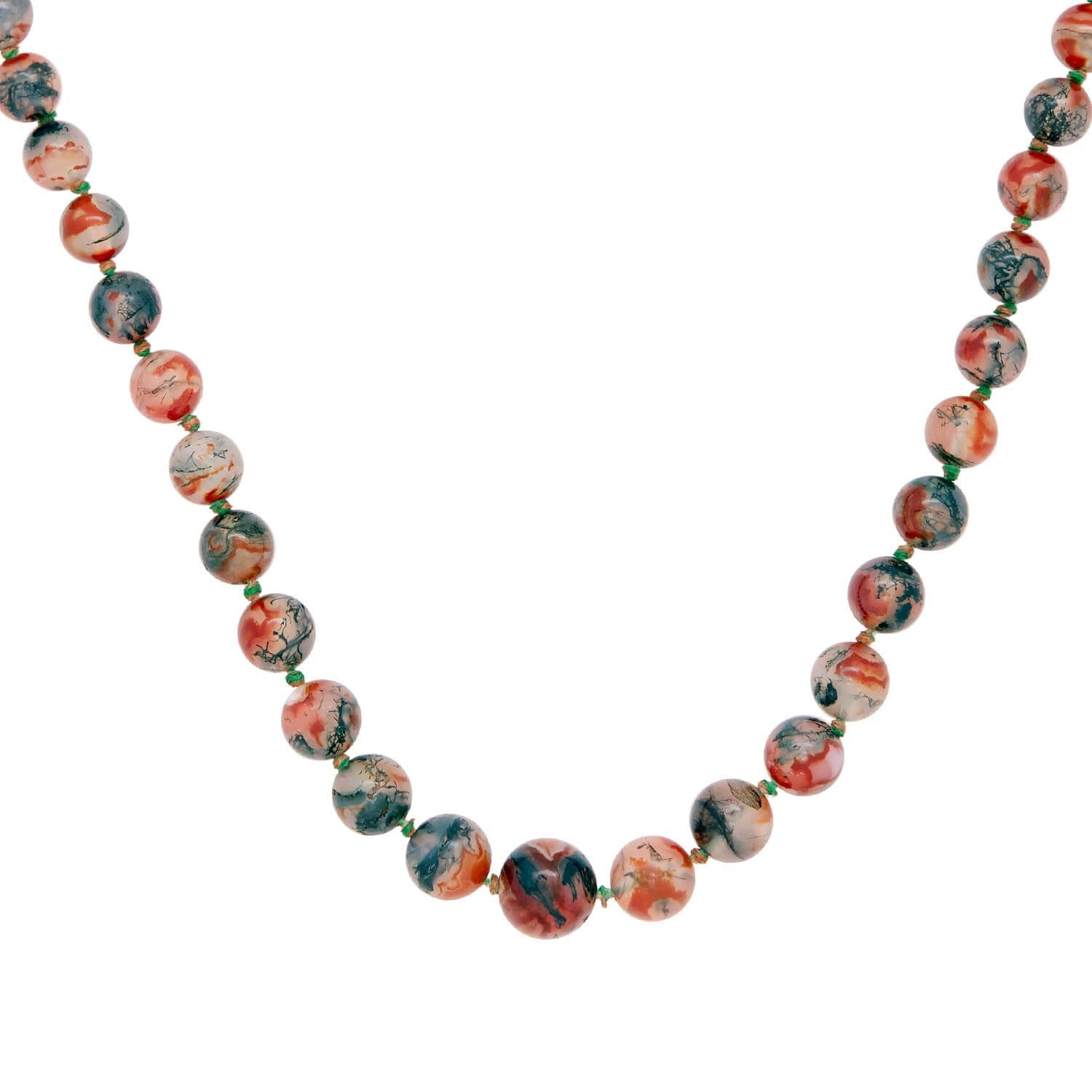 Late Victorian 14k Scottish Moss Agate Beaded Necklace