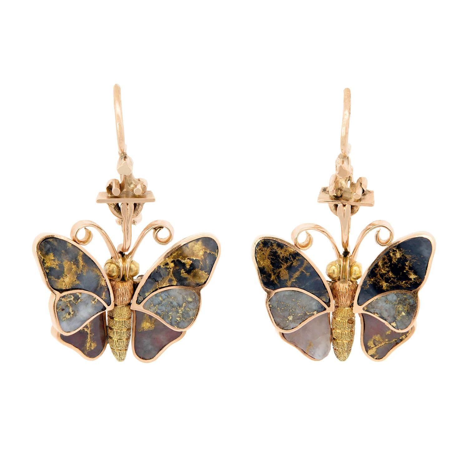 Victorian 14k Gold in Quartz Butterfly Dangle Earrings