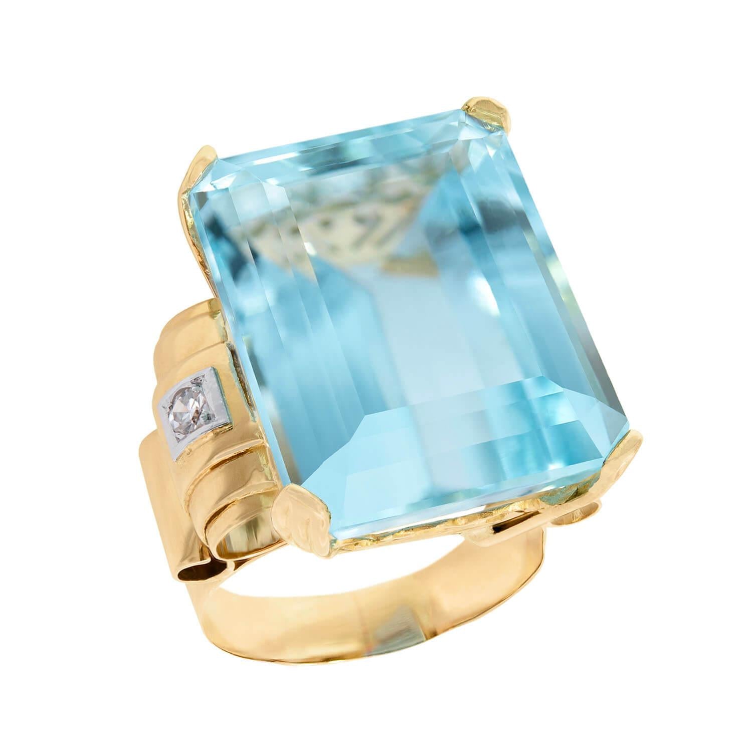 Retro 16k Rose Gold GIA Aquamarine and Diamond Cocktail Ring 30.05ct