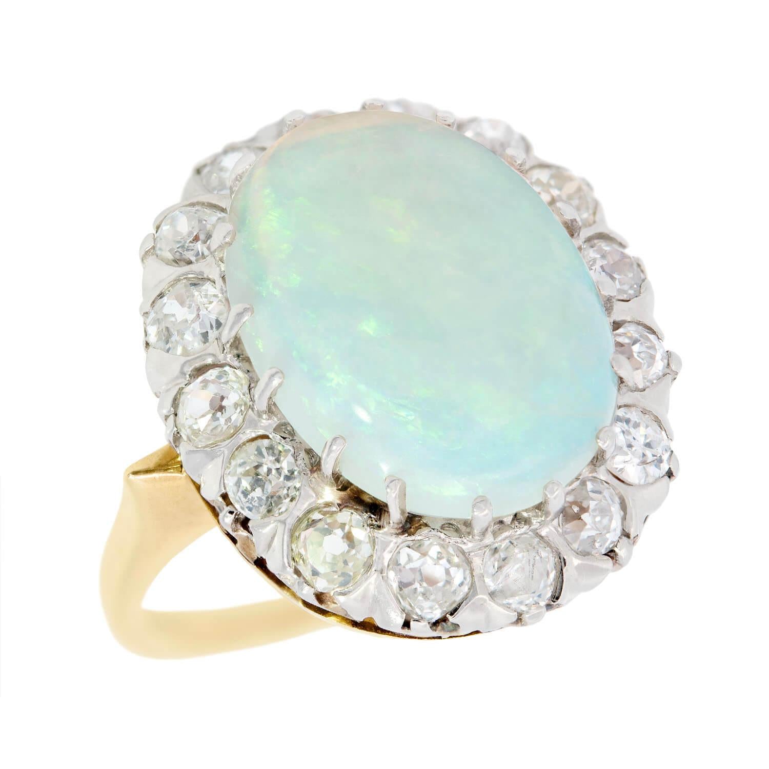 Late Victorian 14k Australian Crystal Opal and Diamond Halo Ring