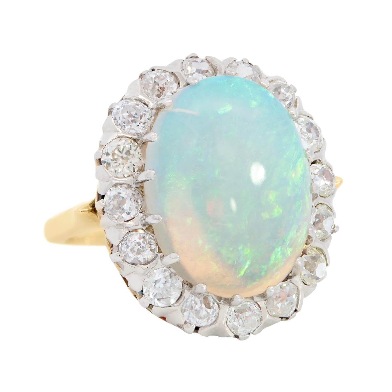 Late Victorian 14k Australian Crystal Opal and Diamond Halo Ring
