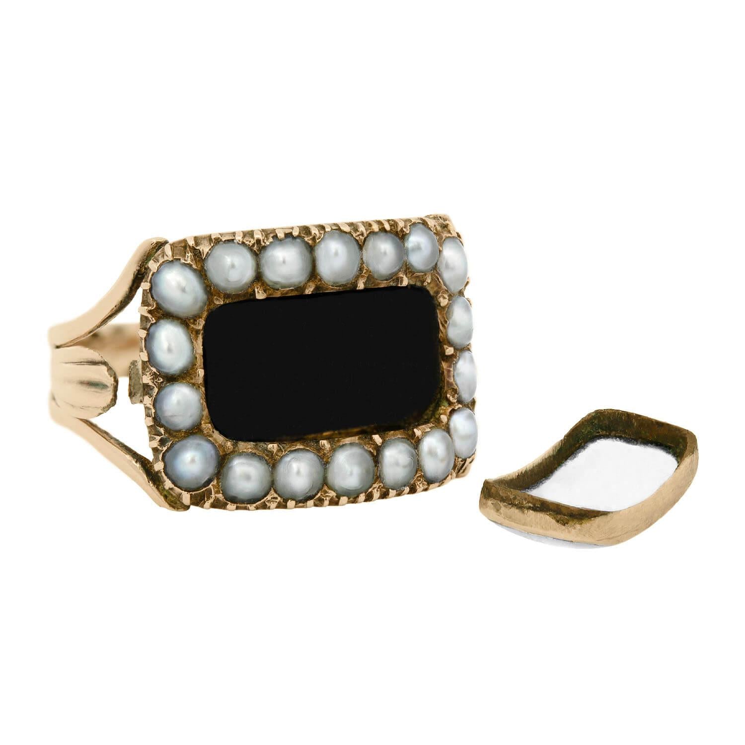 Late Georgian 14k Pearl Mourning Locket Ring