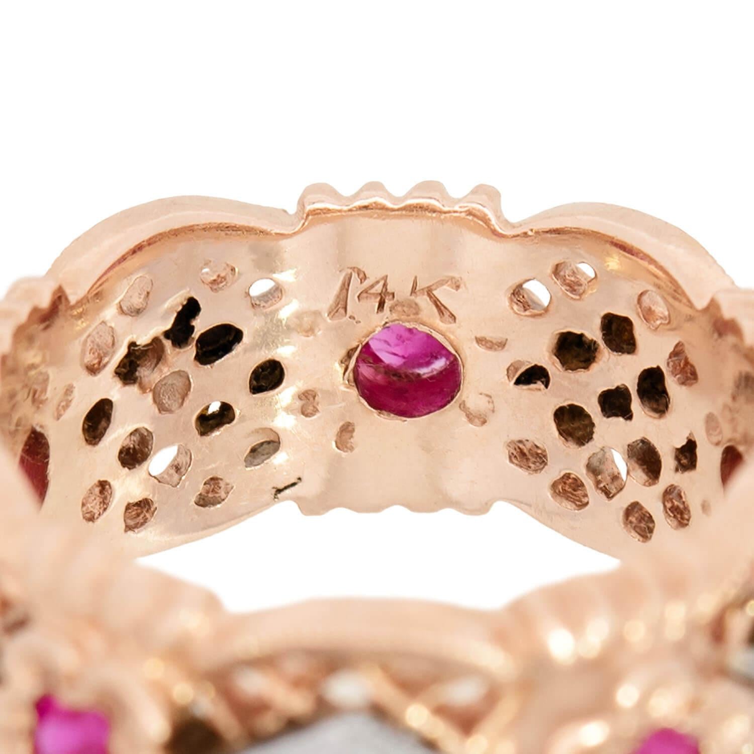 Retro 14k Mixed Metal Ruby Floral Motif Band