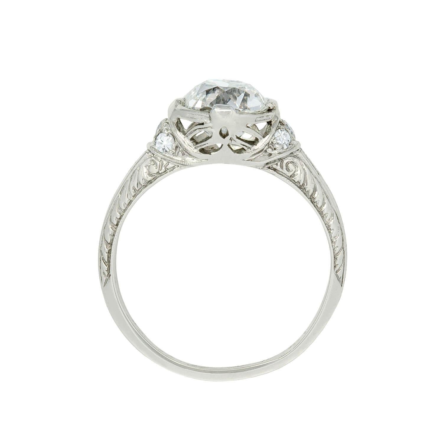 Art Deco Platinum GIA Diamond Etched Engagement Ring 1.52ct