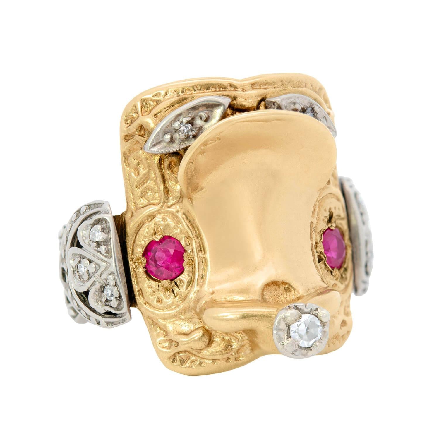 Retro 14k Mixed Metal Ruby and Diamond Saddle Ring