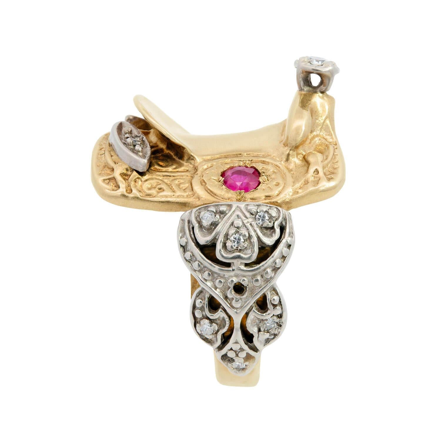 Retro 14k Mixed Metal Ruby and Diamond Saddle Ring