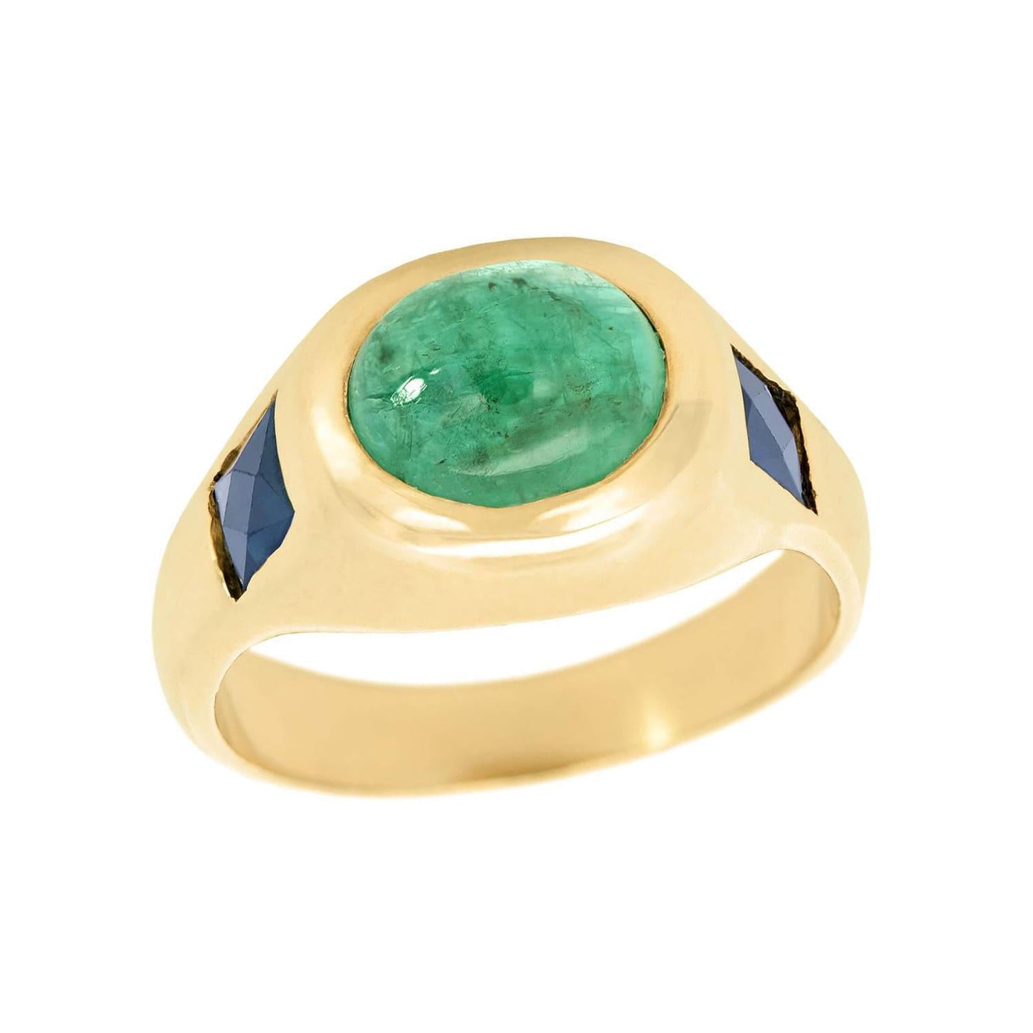 Estate 14k Sapphire and Emerald Cabochon Flush Mount Ring