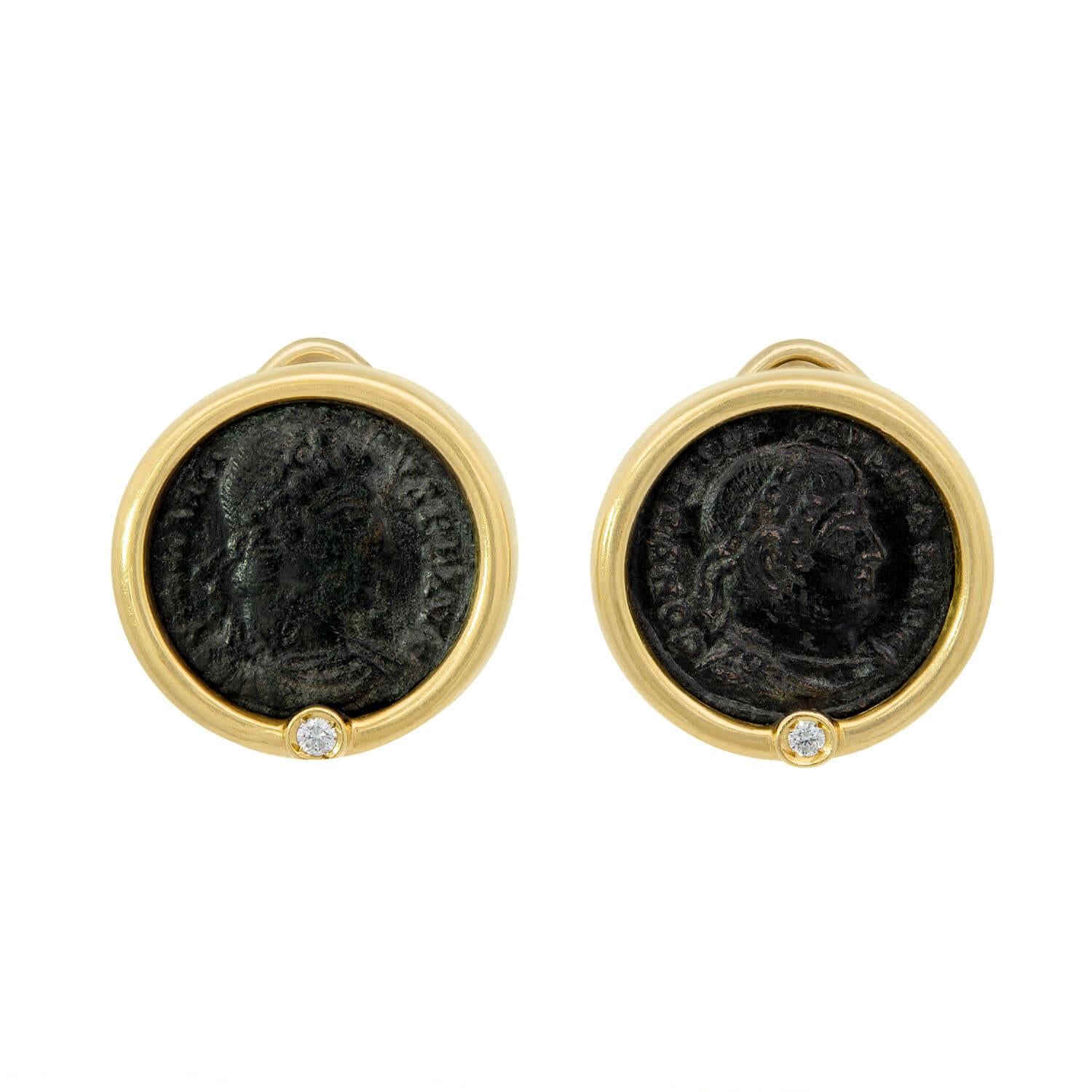 Estate Italian 18k Diamond "Constantine the Great" Roman Coin Earrings