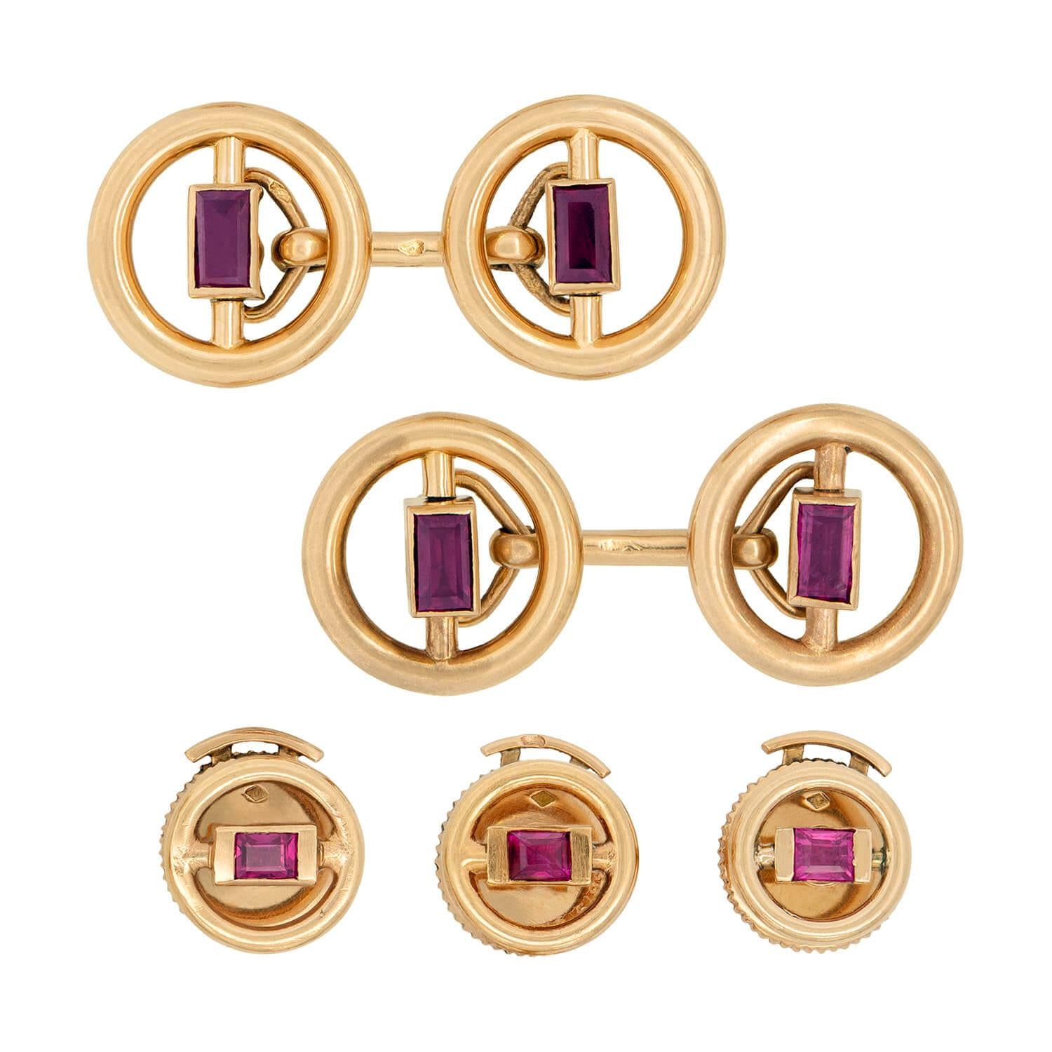 VAN CLEEF & ARPELS Retro 18k Ruby Five Piece Cufflink and Button Set