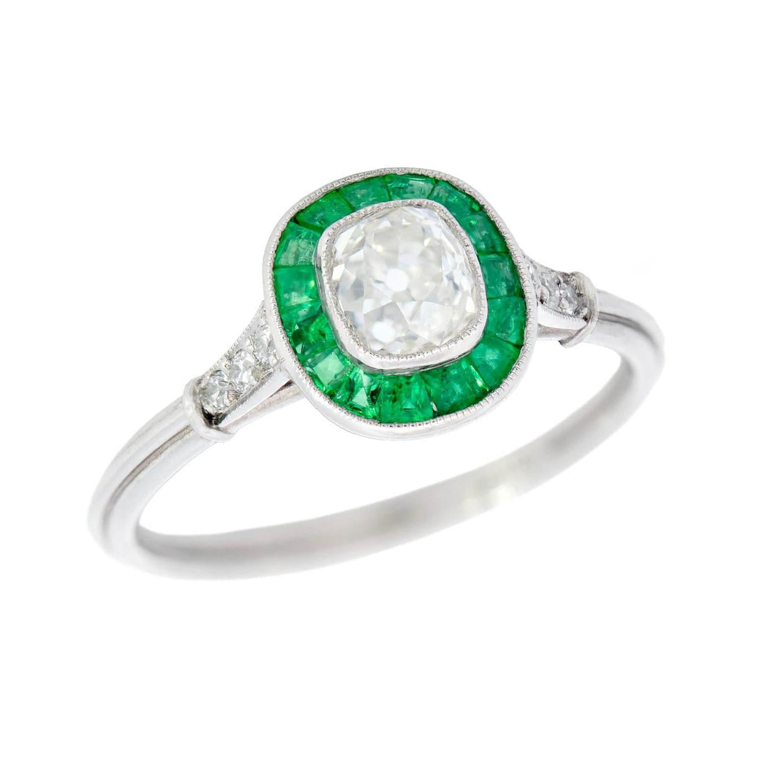 Estate Platinum Diamond and Emerald Engagement Ring