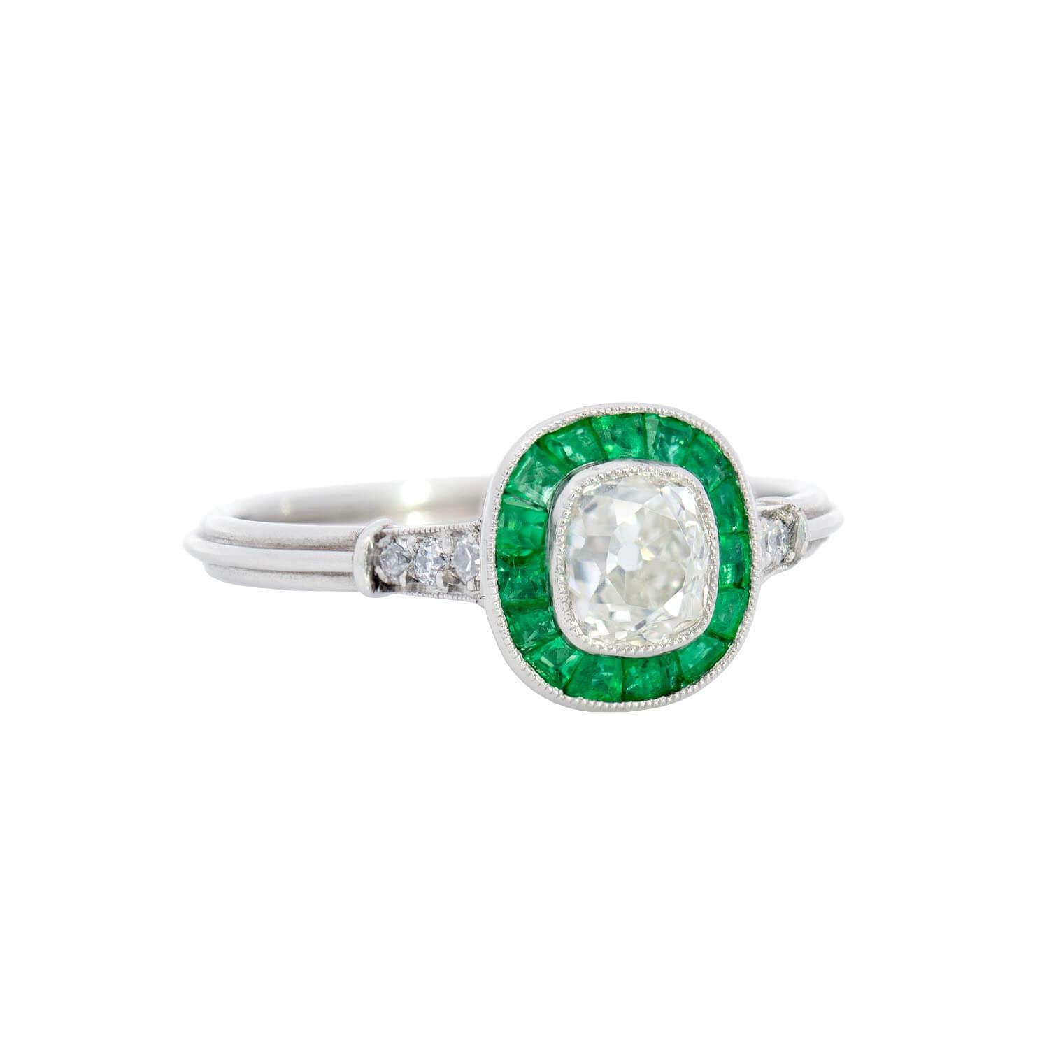 Estate Platinum Diamond and Emerald Engagement Ring