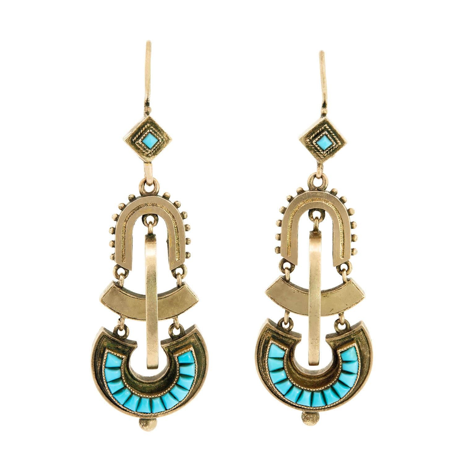 Victorian 14k Turquoise Etruscan Earrings