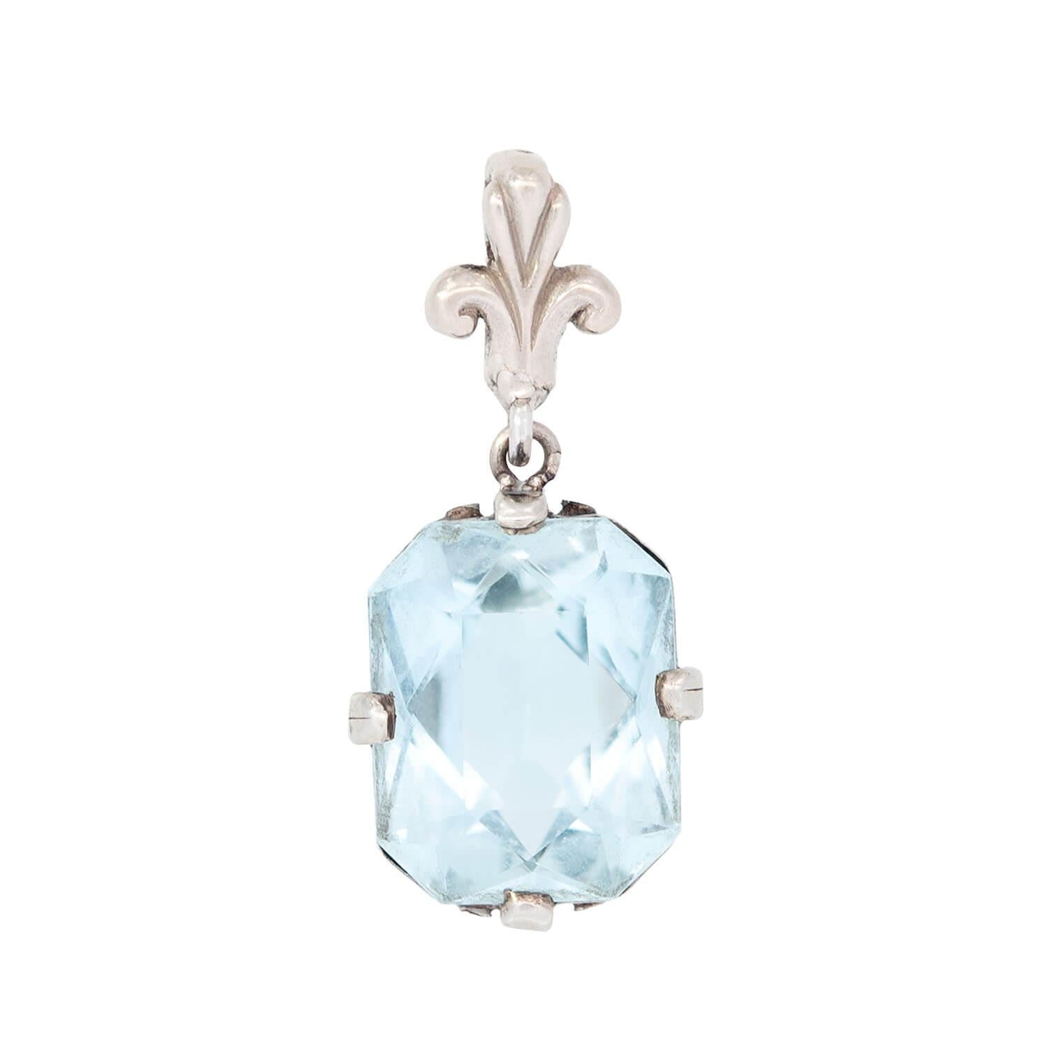 Art Deco 14k White Gold Aquamarine Fleur-de-lis Pendant