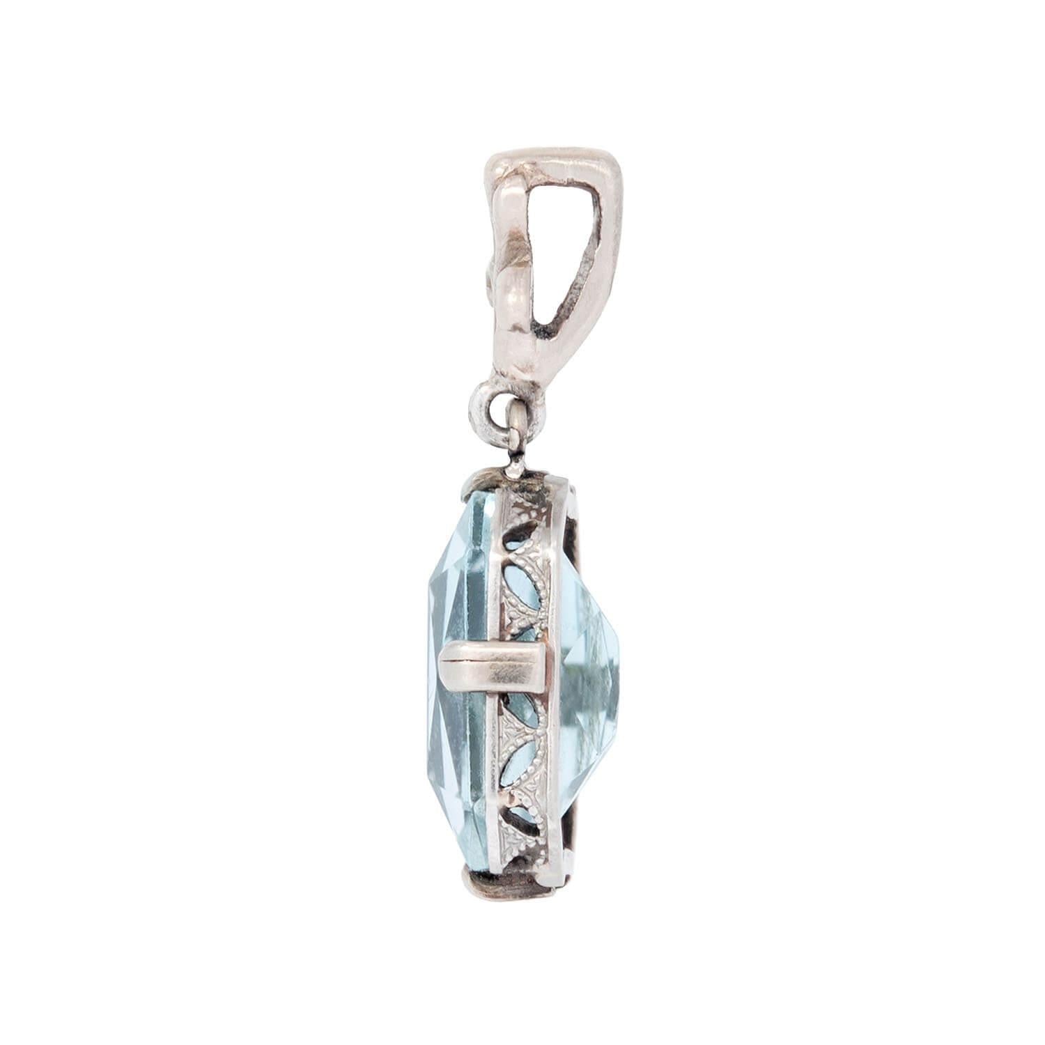 Art Deco 14k White Gold Aquamarine Fleur-de-lis Pendant