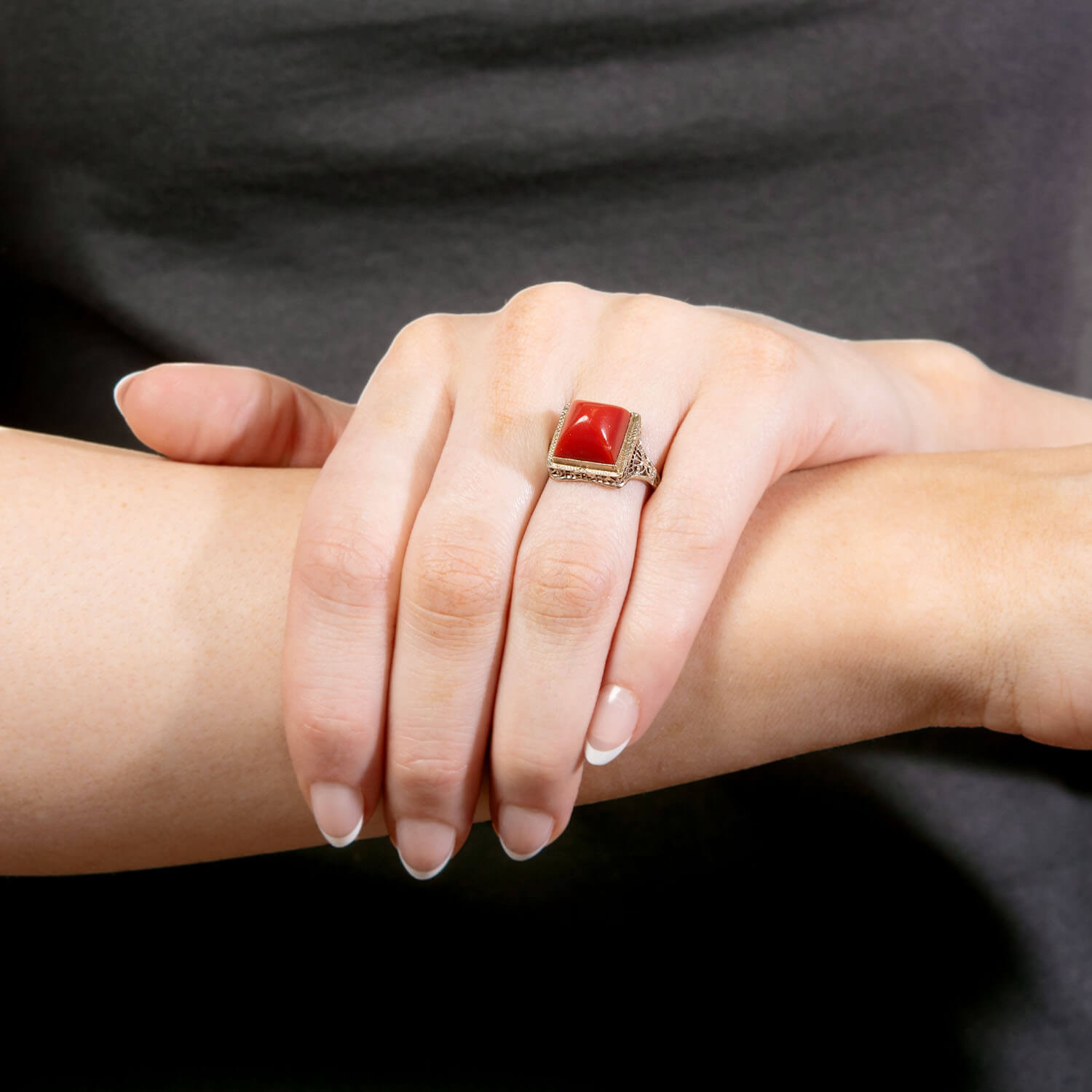 Art Deco 14k Coral Bullet Cabochon Ring