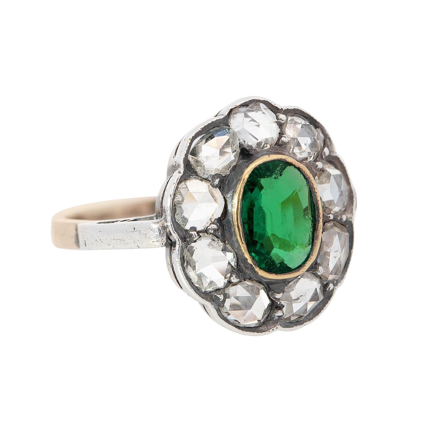 Georgian 14k/Sterling Silver Emerald and Diamond Halo Ring