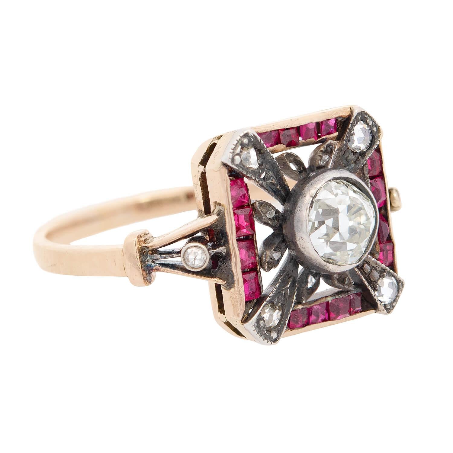 Edwardian 14k/Sterling Silver Diamond and Ruby Ring