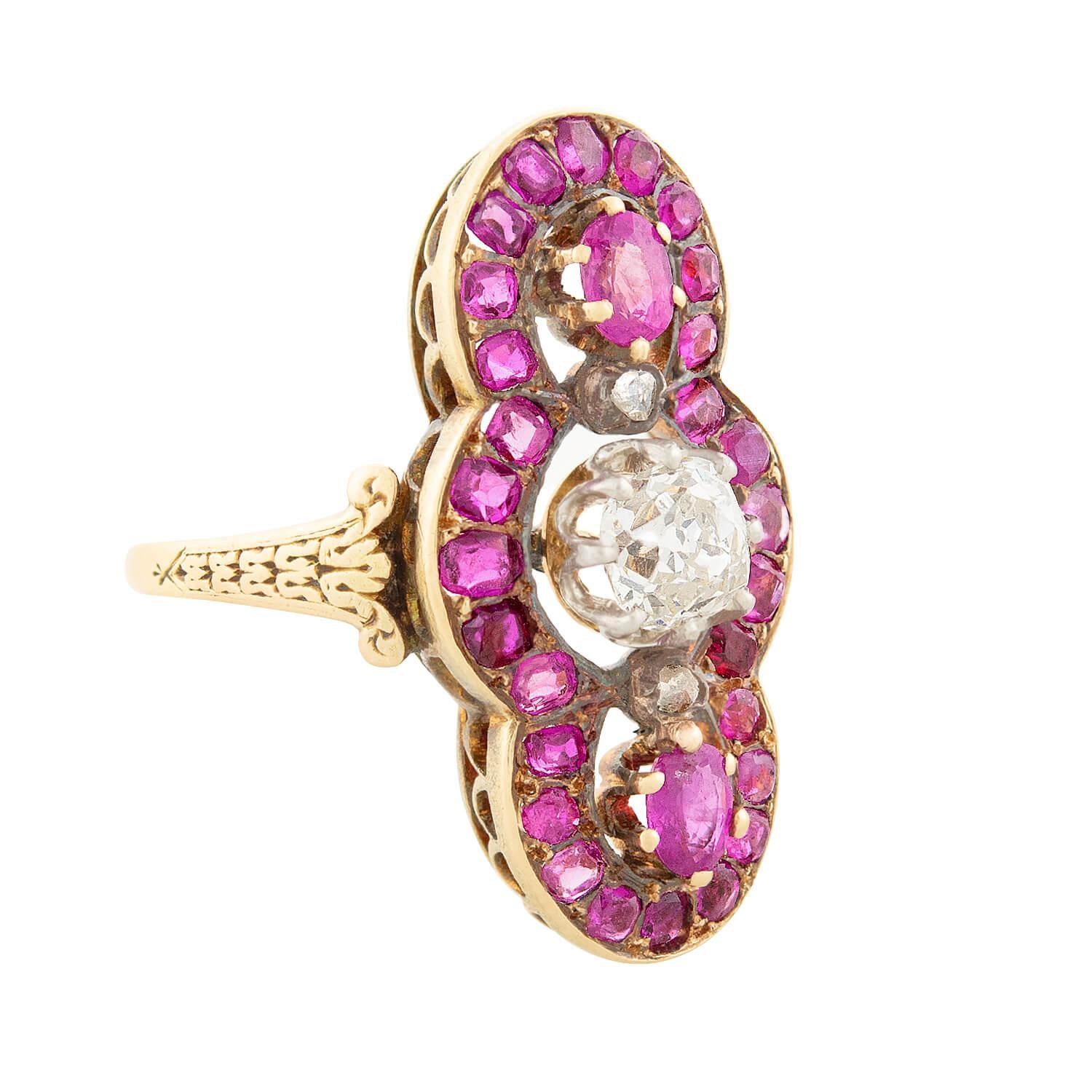 Georgian French 18k Ruby and Diamond Navette Ring