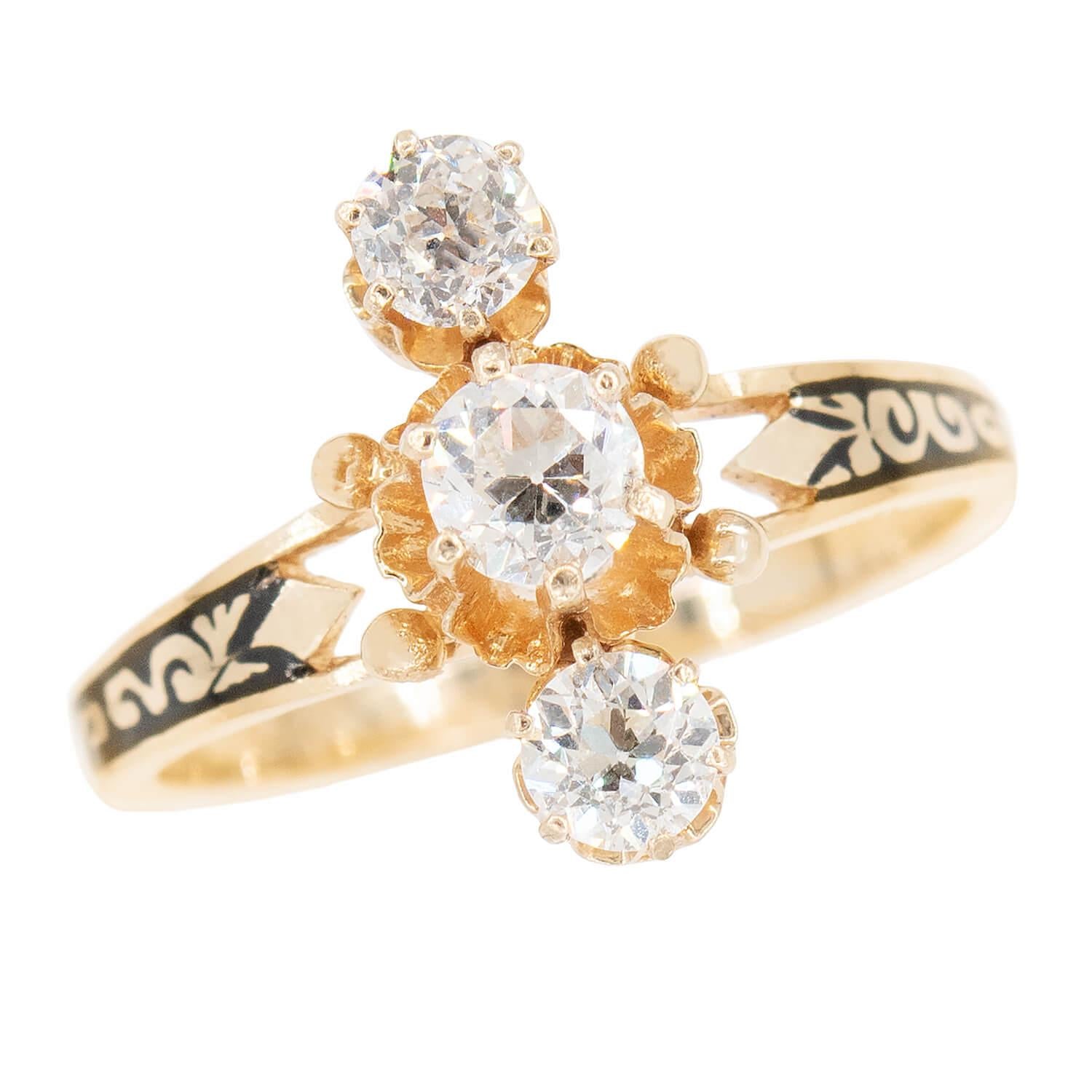 Art Deco 14k Diamond Enameled Navette Ring